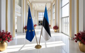 Drapeau estonie sur socle en marbre professionnel