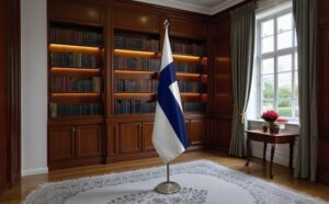 Drapeau Finlande avec socle en inox de qualité