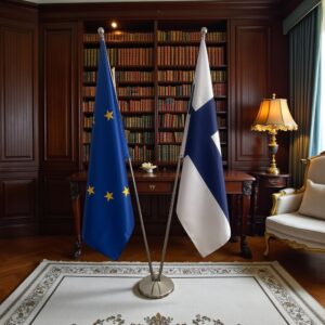 Bannière Finlande et socle en marbre de qualité