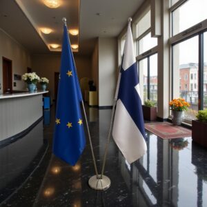 Bannière Finlande et socle en bois professionnel