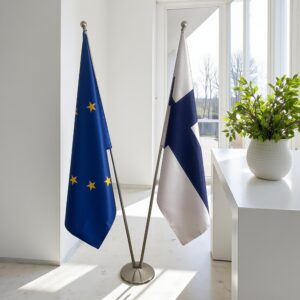 Bannière Finlande et socle en marbre diplomatique