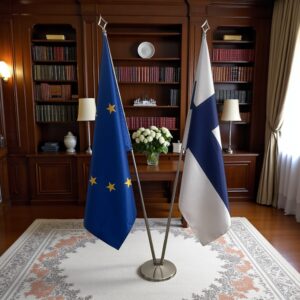 Drapeau Finlande et socle en marbre stable