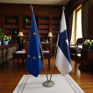 Bannière Finlande et socle en marbre institutionnel