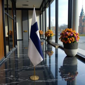 Bannière Finlande sur socle en marbre institutionnel