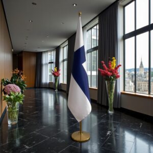 Bannière Finlande avec socle en bois officiel