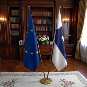 Bannière Finlande avec socle en marbre de qualité