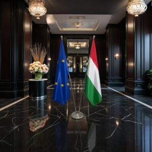 Drapeau Hongrie et socle en marbre moderne
