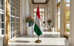 Drapeau Hongrie avec socle en inox diplomatique