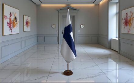 socle drapeau finlande en inox moderne