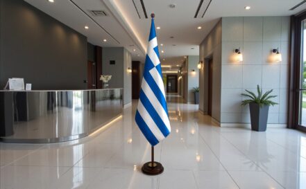 socle drapeau grece en aluminium anodisé moderne