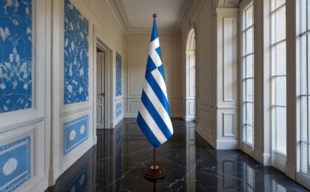 socle drapeau grece en granit noir de prestige