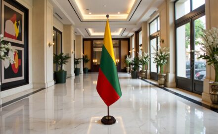 socle drapeau lituanie en acier brossé de bureau